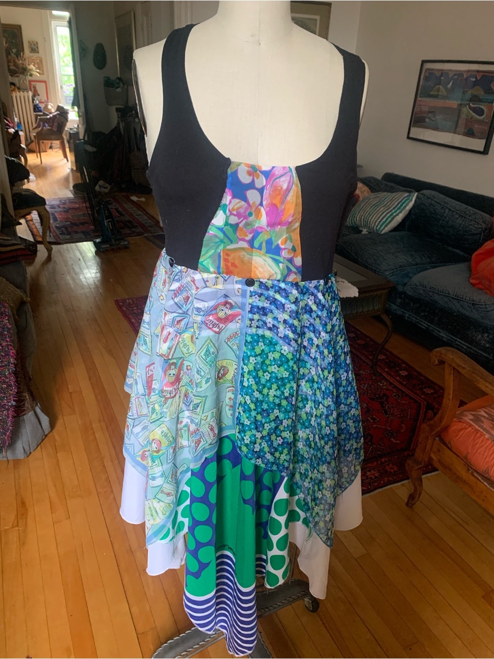 Patchwork Floral & Graphic Mini Dress in Multi-Color